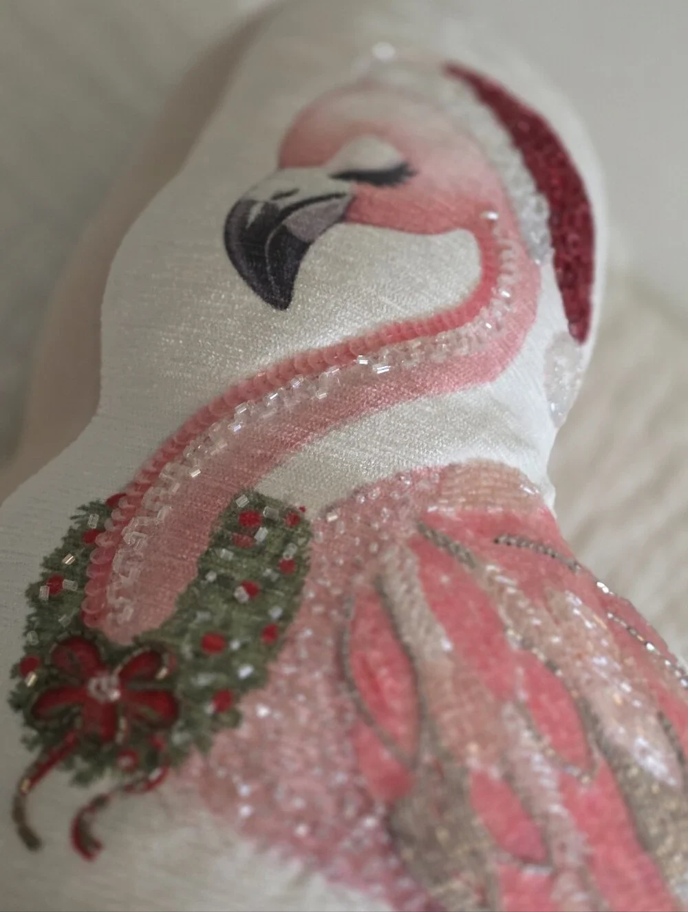 Festive Flamingo Holiday Accent Pillow in Pink and White